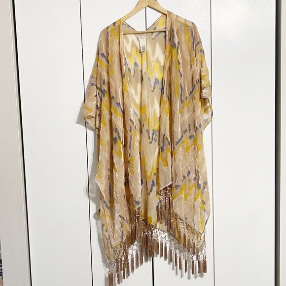 Free People Dripping Burnout Velvet Kimono / Fringe Yellow Tan Blue - Picture 3 of 5